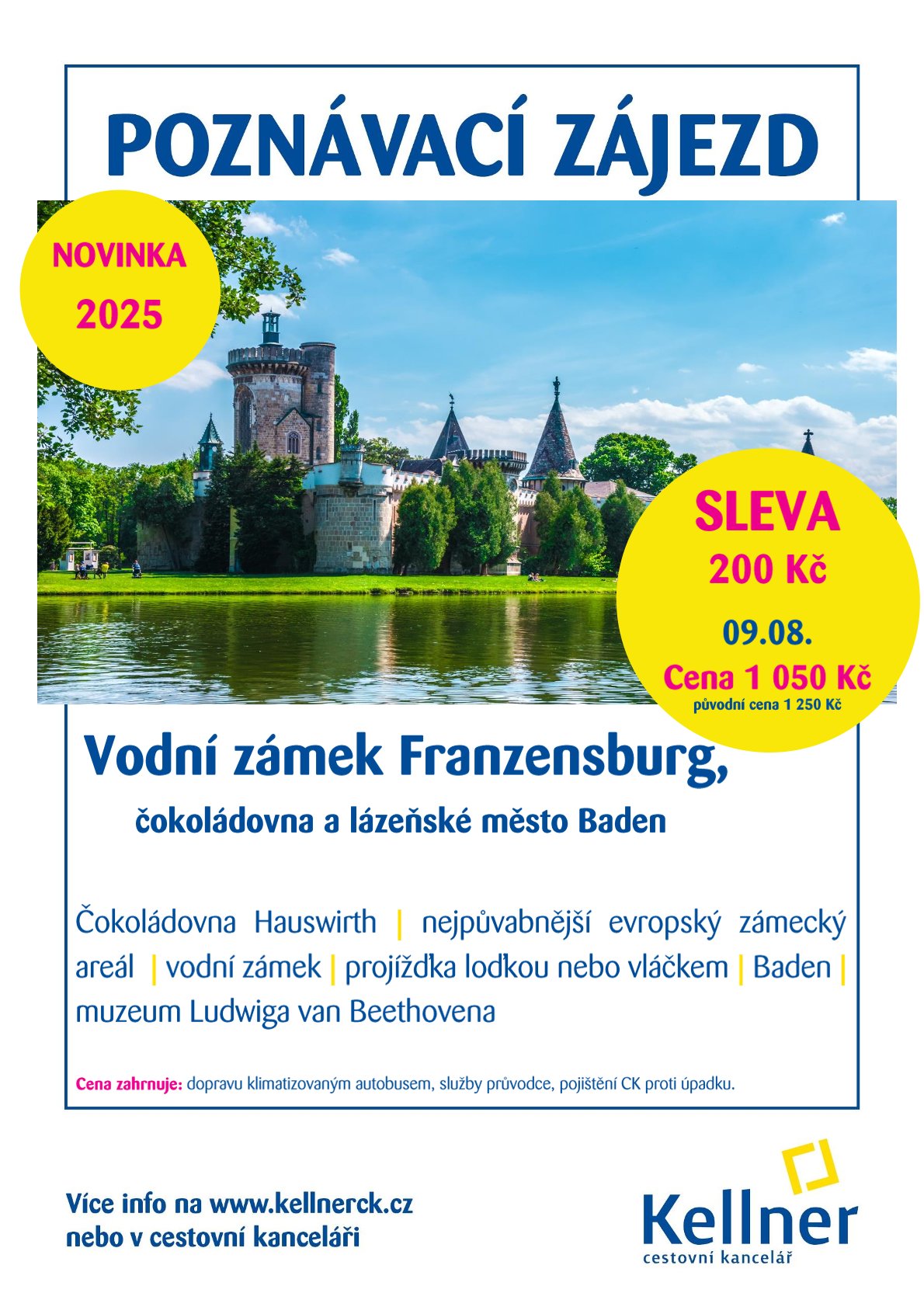 1. Leták Vodní zámek Franzensburg, čokoládovna a lázeňské město Baden 2025